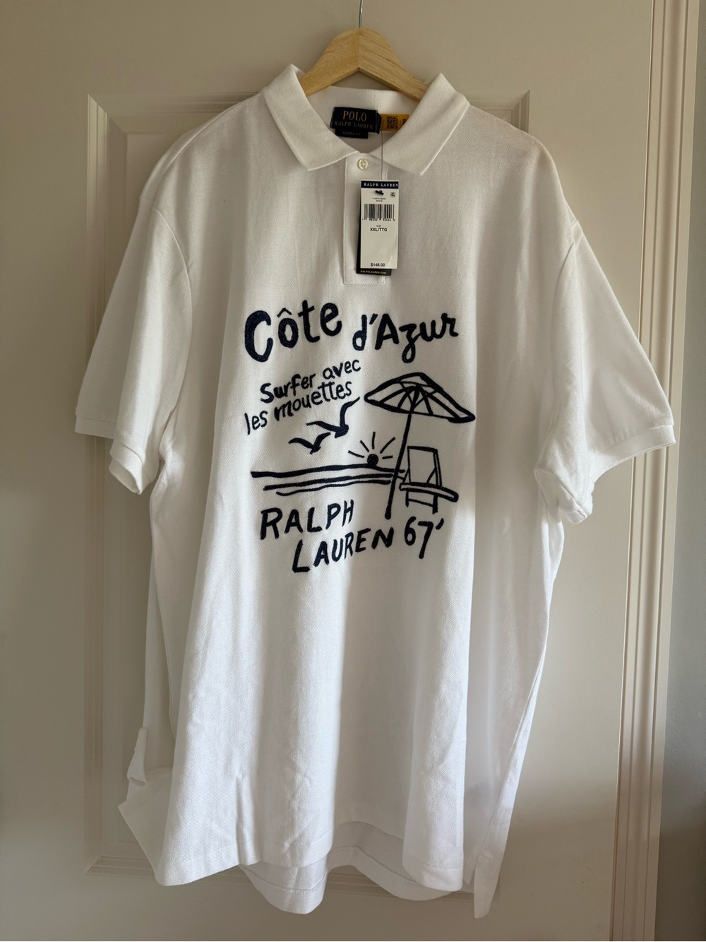 NWT POLO RALPH LAUREN Men’s White  Embroidered “Côte d’Azur” Mesh Shirt Size XXL